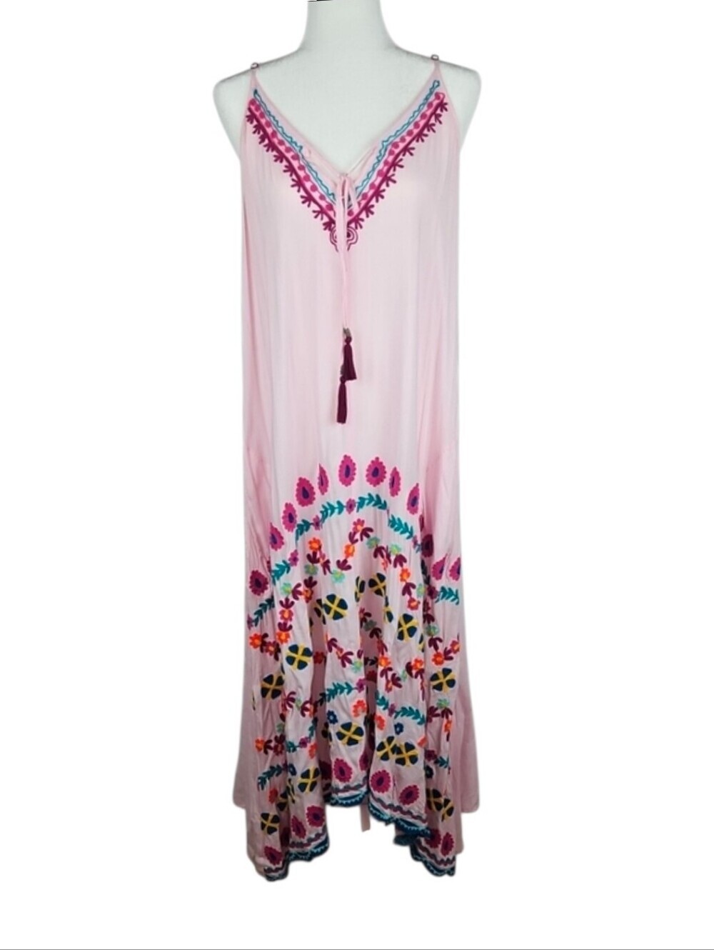 Bohemian Embroidered Swim Coverup Dress Pink Multicolor Boho Retro Swimwear, L